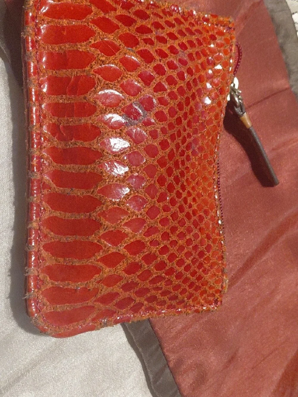 Dooney & Bourke Glossy Red Faux-Snakeskin Hobo with Brown Trim & Wallet